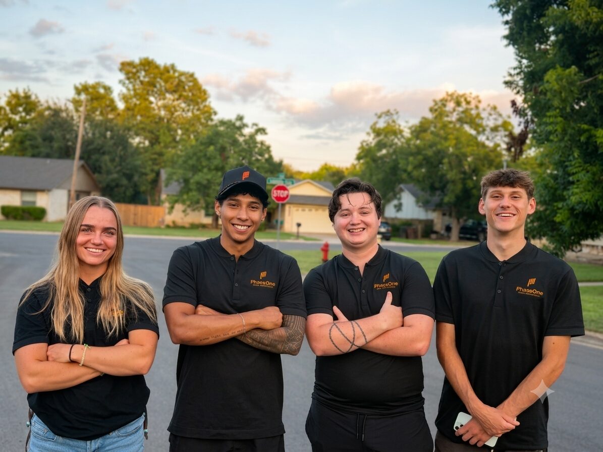 Four members of the Phase One team in branded polos on a neighborhood street